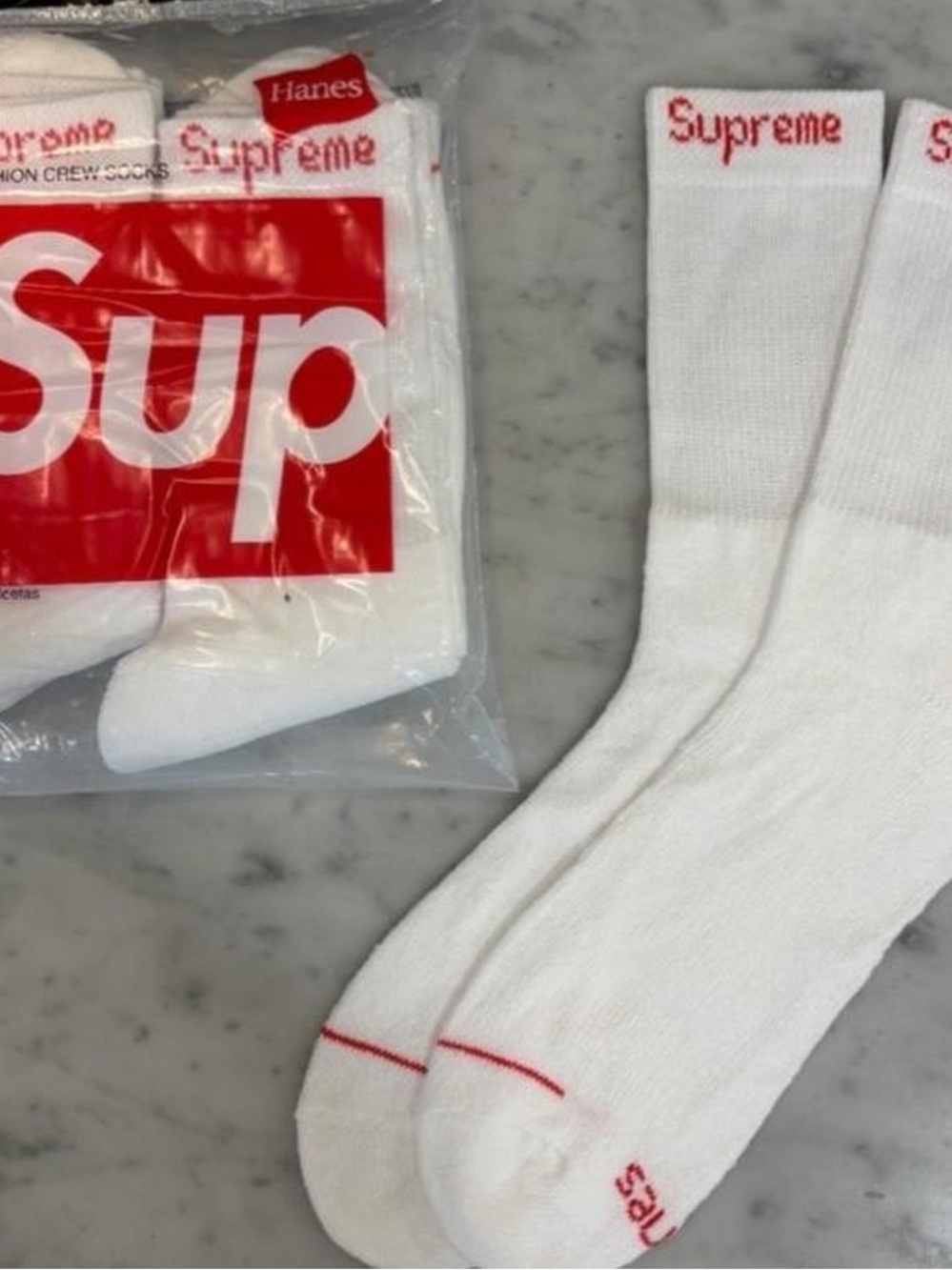 Supreme White Crew Socks with Red Logo Accents